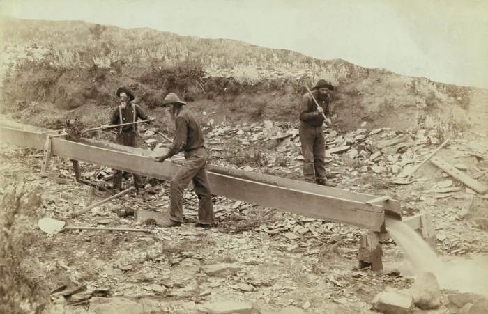 Framed Print : Old timers placer mining in South Dakota's Black Hills, in 1889