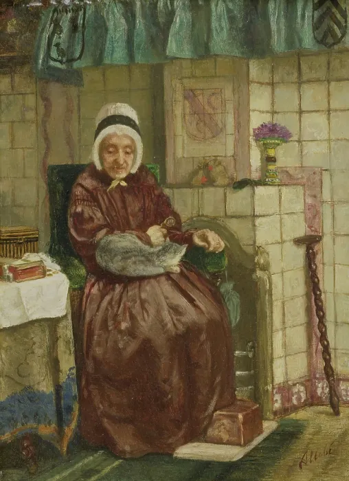 Framed Print : Old Woman by the Fireplace, by August Allebe, c. 1850-7. Dutch painting, oil on panel. She has a cat curled up on her lap in a neat tiled interior. (BSLOC_2016_1_59)