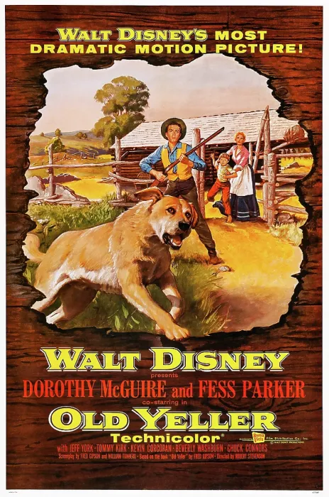 Framed Print : OLD YELLER, from left: Old Yeller, Tommy Kirk, Kevin Corcoran, Dorothy McGuire, 1957