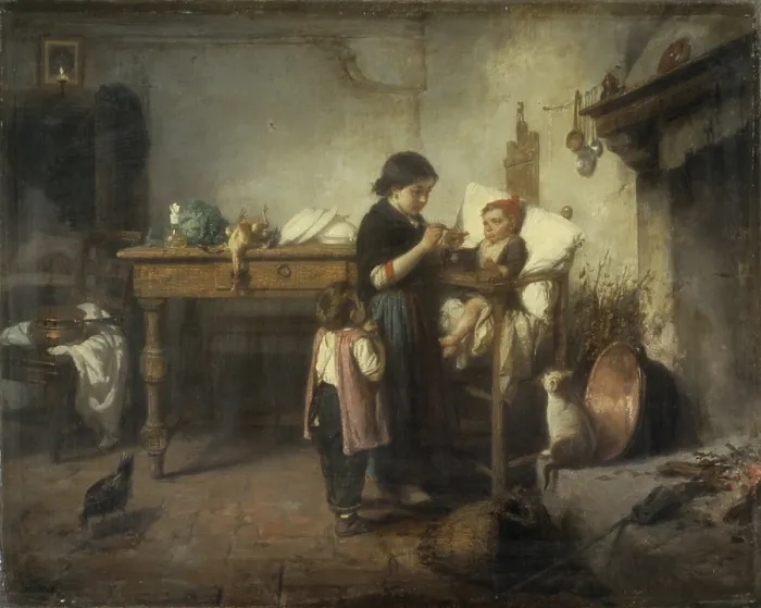 Framed Print : The older sister taking the place of the mother, by Domenico Scattola, 1858, 19th Century, canvas - Italy, Veneto, Verona, Hospital Institutes. Whole artwork view Framed Print : The older sister taking the place of the mother, by Domenico Scattola, 1858, 19th Century, canvas - Italy, Veneto, Verona, Hospital Institutes. Whole artwork view