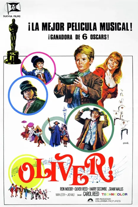 Framed Print : OLIVER!, top l-r: Jack Wild, Mark Lester, Shani Wallis, bottom l-r: Oliver Reed, Harry Secombe, Mark Lester, Ron Moody on Spanish poster art, 1968