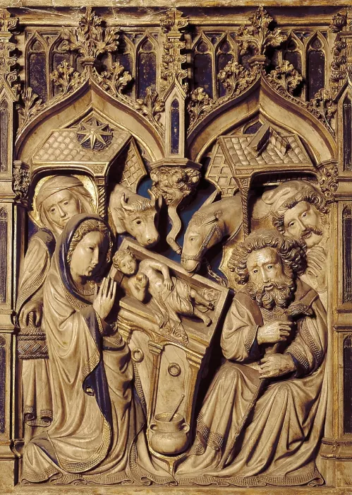 Framed Print : OLLER, Pere (15th century). Altarpiece of Saint Mary and Saint Peter. 1420. SPAIN. Vic. Cathedral. Old High Altar of the cathedral. Alabaster. Detail with scene of the Birth Framed Print : OLLER, Pere (15th century). Altarpiece of Saint Mary and Saint Peter. 1420. SPAIN. Vic. Cathedral. Old High Altar of the cathedral. Alabaster. Detail with scene of the Birth