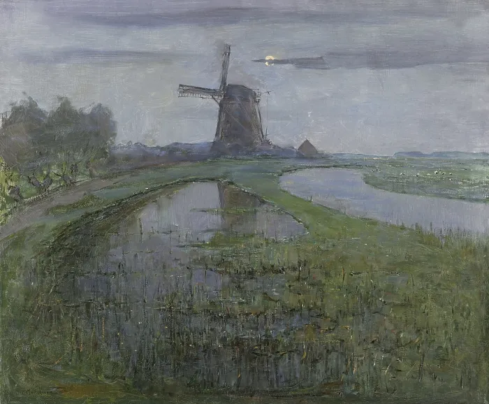 Framed Print : Oostzijdse Mill along the River Gein by Moonlight, by Piet Mondrian, c. 1903, Dutch oil painting