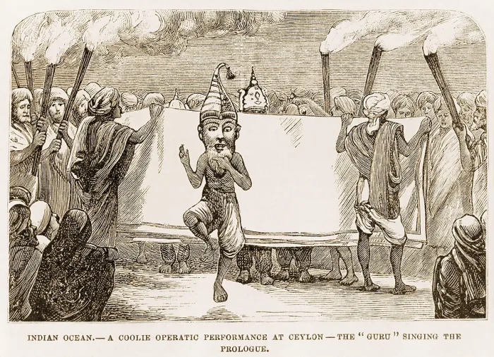 Framed Print : Open-air musical theatrical production in Sri Lanka (Ceylon). The Guru singing the prologue to early dramas, called kolam, with characters from everyday life. 1878 Framed Print : Open-air musical theatrical production in Sri Lanka (Ceylon). The Guru singing the prologue to early dramas, called kolam, with characters from everyday life. 1878