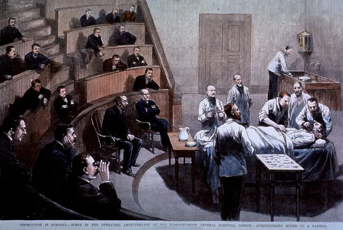 Framed Print : Operating room amphitheater of the Massachusetts General Hospital, Boston. A patient is receiving ether anesthesia as doctors and students observe. 1888