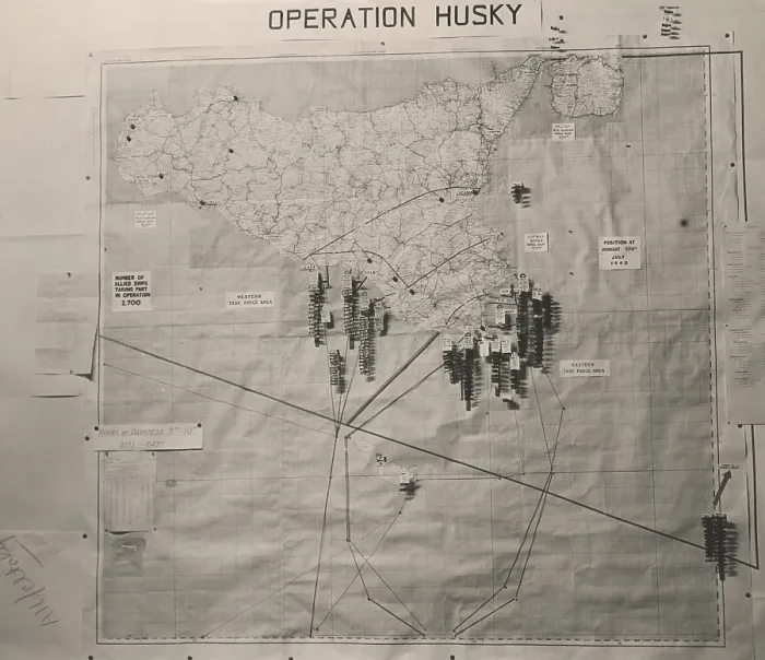 Framed Print : Operation Husky battle plan for the invasion of Sicily in the White House Map Room. August 1943, World War 2. (BSLOC_2014_10_149)