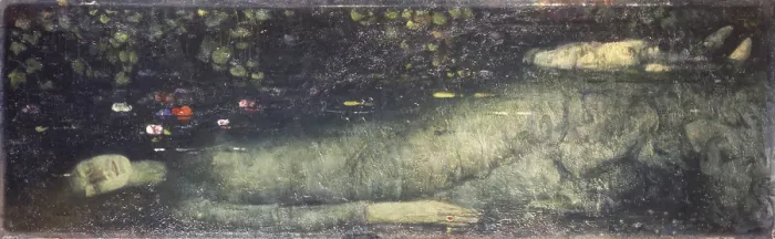Framed Print : Ophelia, by Felice Carena, 1912, 20th Century, oil on canvas - Private collection. Whole artwork view. Drowned Ophelia lies in the water