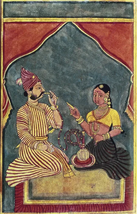 Framed Print : Opium smokers. Indian Art. 18th century. Miniature. Hindu art. Miniature Painting. FRANCE. Paris. National Library. - Iberfoto / Everett Collection (299196)**US SALES ONLY**