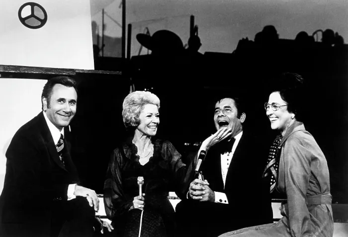 Framed Print : Oral Roberts (far left), Jerry Lewis (second from right), Evelyn Roberts (far right), on the television special We The People, c. 1976
