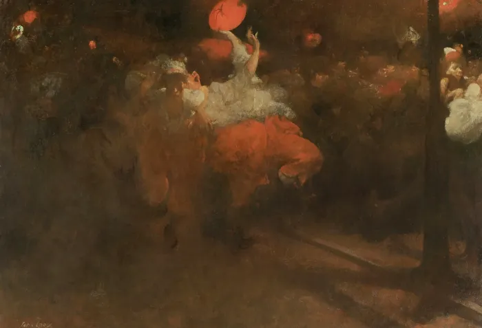 Framed Print : Orange Festival, by Jac van Looij, 1890-92, Dutch painting, oil on canvas. Dancing Oranjefeest costumed revelers with lanterns and fireworks in the street at night