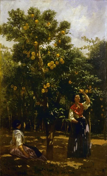 Framed Print : Orange Tree and Women (Albero d'arancio e donne), by Filippo Palizzi, 1860, 19th Century, oil on canvas, 57 x 35 cm - Italy, Lazio, Rome