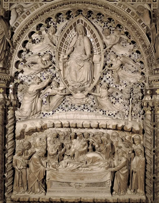 Framed Print : ORCAGNA, Andrea di Cione, called (1343-1368). Tabernacle. 1359. ITALY. Florence. Orsanmichele. Marble, lapis lazuli, gold and inlaid glass. Death and Assumption of the Virgin