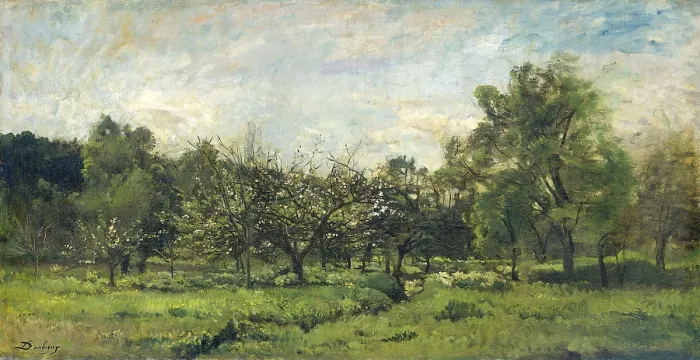 Framed Print : Orchard, by Charles Franois Daubigny, c. 1865-69, French painting, oil on canvas. Barbizon school realist landscape with fruit trees in bloom. (BSLOC_2016_1_137)