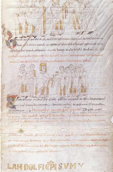 Framed Print : Ordination of priests, by Unknown Artist, 10th Century, manuscript page - Italy, Lazio, Rome, Casanatense Library. Whole artwork view. Page from the Pontifical, ms. Cas. 724