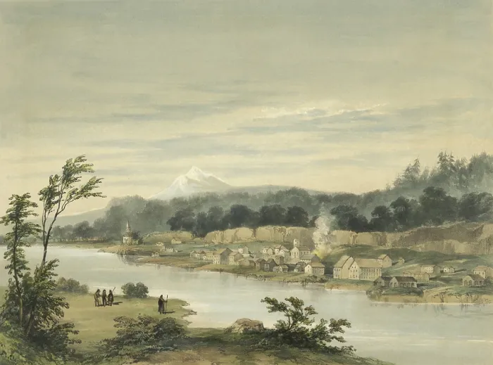 Framed Print : Oregon City, Oregon Territory, by Henry James Warre, ca. 1849. Founded in 1824, on the Willamette River, it grew up at the end of the Oregon Trail (BSLOC_2020_1_64)