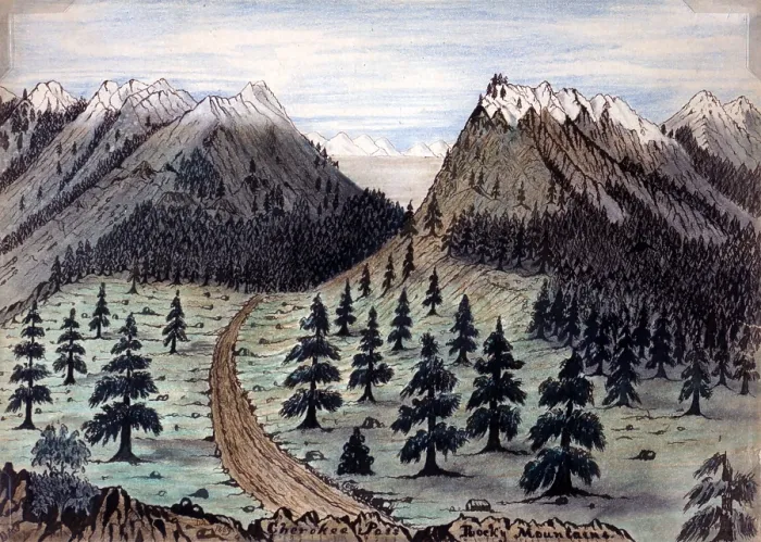 Framed Print : The Oregon Trail. Cherokee Pass, Rocky Mountains. Daniel Jenks, color drawing, 1859 Framed Print : The Oregon Trail. Cherokee Pass, Rocky Mountains. Daniel Jenks, color drawing, 1859