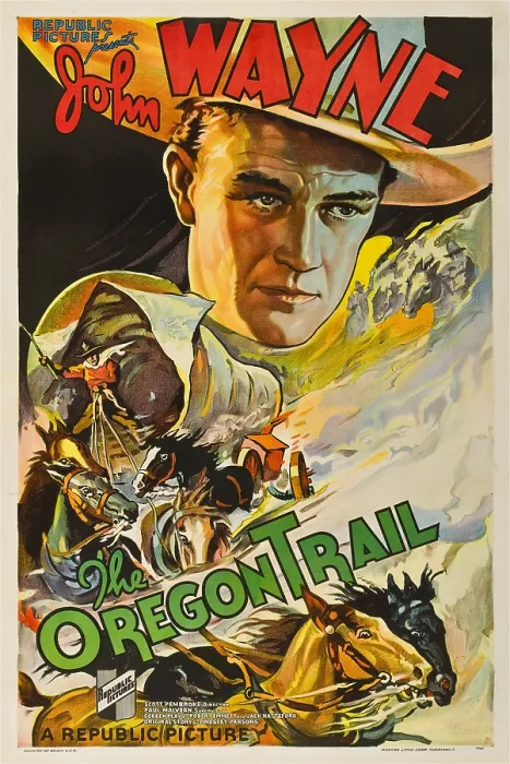 Framed Print : THE OREGON TRAIL, (poster art), John Wayne, 1936
