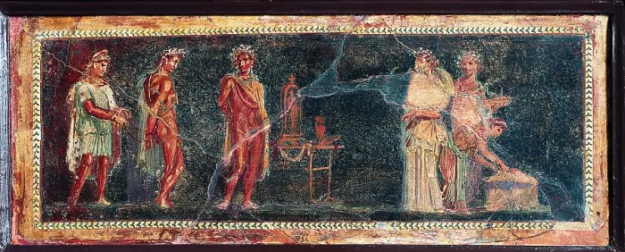 Framed Print : Orestes and Phylades in front of Iphigenia, by unknown artist, 45-79, 1st Century A.D. ripped fresco, 48 x 18 cm - Italy, Campania, Naples, National Archaeological Museum Framed Print : Orestes and Phylades in front of Iphigenia, by unknown artist, 45-79, 1st Century A.D. ripped fresco, 48 x 18 cm - Italy, Campania, Naples, National Archaeological Museum
