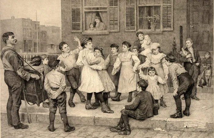 Framed Print : An organ grinder provides music for a sidewalk dance of children in a large American city. 1894 Framed Print : An organ grinder provides music for a sidewalk dance of children in a large American city. 1894