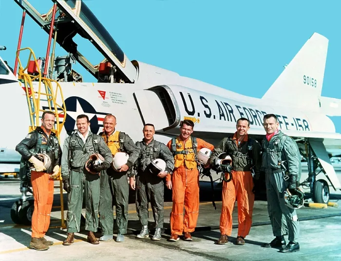 Framed Print : Original seven Project Mercury astronauts standing beside a Convair 106-B aircraft. Left to right, M. Scott Carpenter, L. Gordon Cooper Jr. John H. Glenn Jr. Virgil I Framed Print : Original seven Project Mercury astronauts standing beside a Convair 106-B aircraft. Left to right, M. Scott Carpenter, L. Gordon Cooper Jr. John H. Glenn Jr. Virgil I
