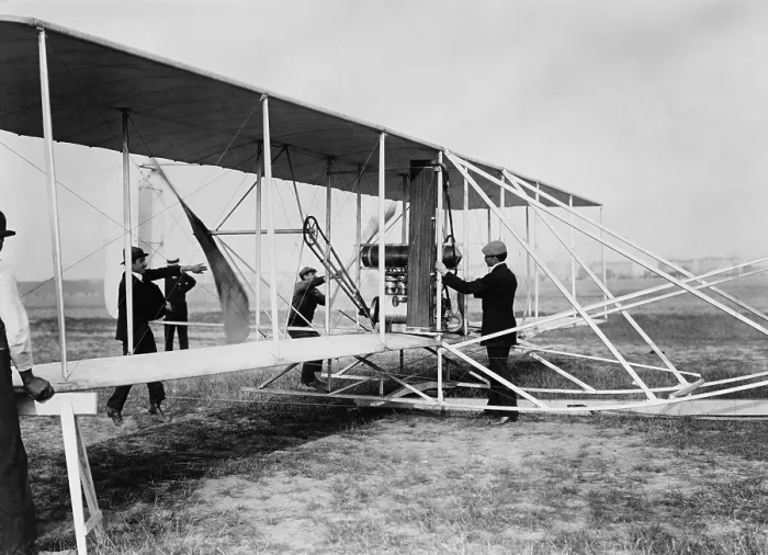 Framed Print : Orville Wright with his airplane in Berlin, Germany, at Tempelhof Field, 1909
