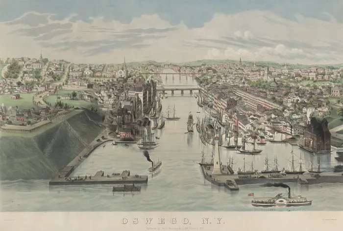 Framed Print : Oswego, New York, in a Bird's-eye view of the mouth of the Oswego River at Lake Ontario, 1855