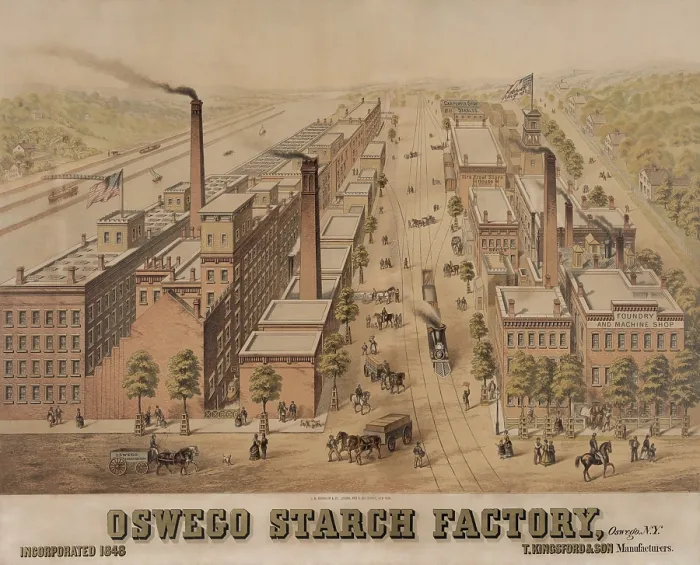 Framed Print : Oswego starch factory, Oswego, N.Y. ca.1850s. The large factory was likely producing for the export market. Midwest and New York State Farm products arrived at the port Framed Print : Oswego starch factory, Oswego, N.Y. ca.1850s. The large factory was likely producing for the export market. Midwest and New York State Farm products arrived at the port