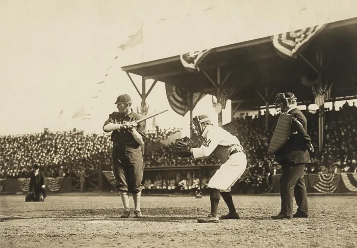 Framed Print : Otis Clymer, Washington AL (now Senators) batting, and Red Kleinow, New York Yankees catching, 1909 (BSLOC_2018_4_127)