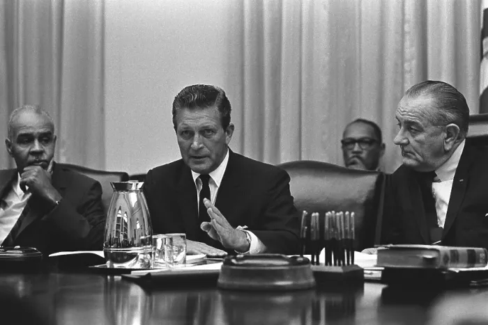 Framed Print : Otto Kerner was named to head the Special Advisory Commission on Civil Disorders after the 1967 Detroit riots. L-R: Roy Wilkins, Otto Kerner, President Johnson. July 29, 1967 Framed Print : Otto Kerner was named to head the Special Advisory Commission on Civil Disorders after the 1967 Detroit riots. L-R: Roy Wilkins, Otto Kerner, President Johnson. July 29, 1967