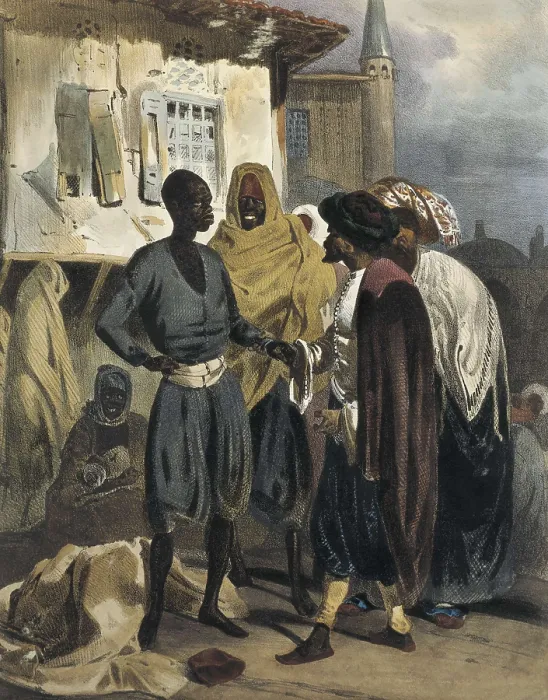 Framed Print : Ottoman Empire (19th c.). The Slave's Bazaar, Constantinople. Litography. FRANCE. Paris. Bibliothque des Arts Dcoratifs (Decorative Arts Library)