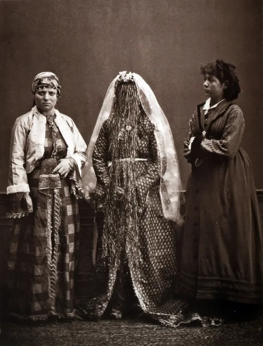 Framed Print : The Ottoman Empire, studio portrait of models wearing clothing from Istanbul, a young Greek girl, an Armenian bride, Jewish woman of Constantinople, photograph by Pascal Sebah