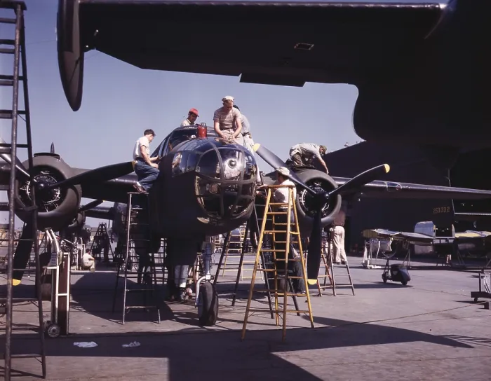 Framed Print : Outdoor assembly line at North American Aviation puts the finishing touches on another B-25 bomber. Inglewood, California, during World War 2, Oct. 1942. (BSLOC_2013_14_125)