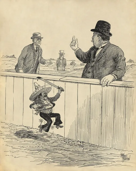 Framed Print : Outgoing President William H. Taft beckoning to his successor, Woodrow Wilson. Behind the fence is a raging Mexican bandit while a remote Uncle Sam stands in the distance