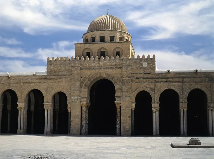 Framed Print : Outside of Prayer Hall at Kairouan's Great Mosque, by Aghlabid craftmen, from 836, 9th Century, brickwork and stones - Whole artwork view