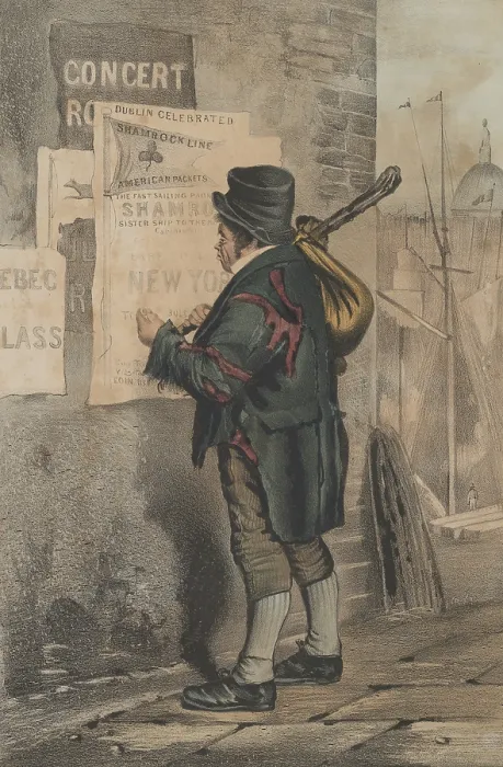Framed Print : OUTWARD BOUND, a 1860 Currier & Ives print, shows an Irishman reading ship notices. He wears tattered clothes and carries a hobo bindle over his shoulder (BSLOC_2018_1_59) Framed Print : OUTWARD BOUND, a 1860 Currier & Ives print, shows an Irishman reading ship notices. He wears tattered clothes and carries a hobo bindle over his shoulder (BSLOC_2018_1_59)