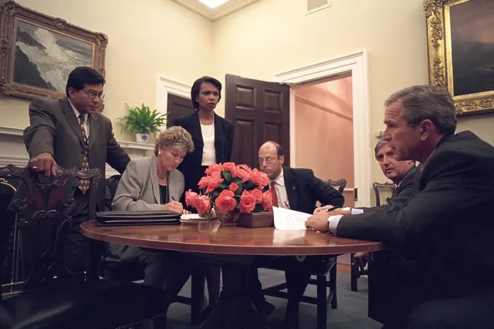 Framed Print : Oval Office meeting on the evening of Sept. 11, 2001, after 9-11 Terrorist Attacks. President George W