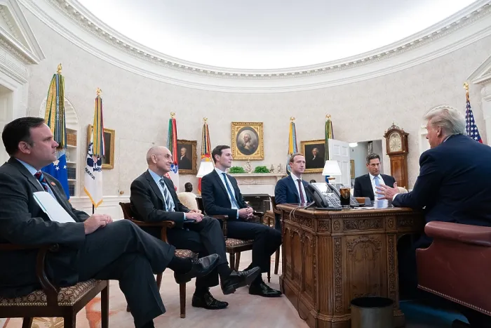 Framed Print : Oval Office meeting between President Donald Trump and Facebook CEO, Mark Zuckerberg (far left), with Jared Kushner, and Dan Scavino, the White House Social Media Director Framed Print : Oval Office meeting between President Donald Trump and Facebook CEO, Mark Zuckerberg (far left), with Jared Kushner, and Dan Scavino, the White House Social Media Director