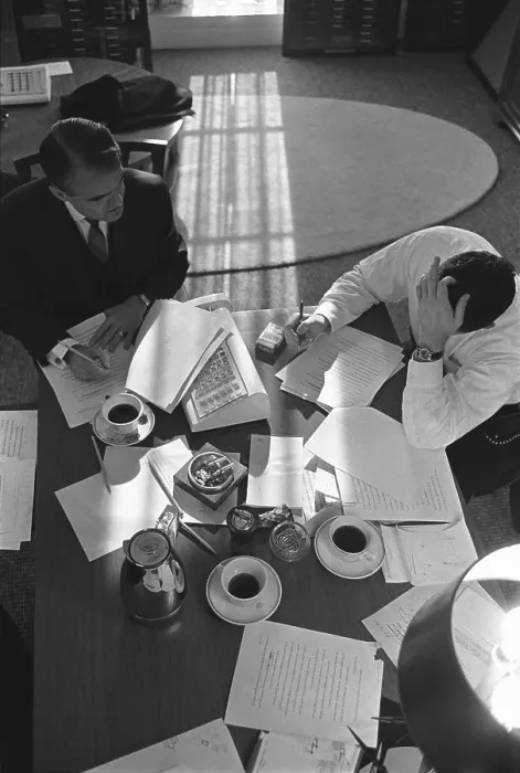 Framed Print : Overhead view of Jack Valenti and Joseph Califano preparing President Johnson's 1966 State of the Union Address. Jan. 12, 1966