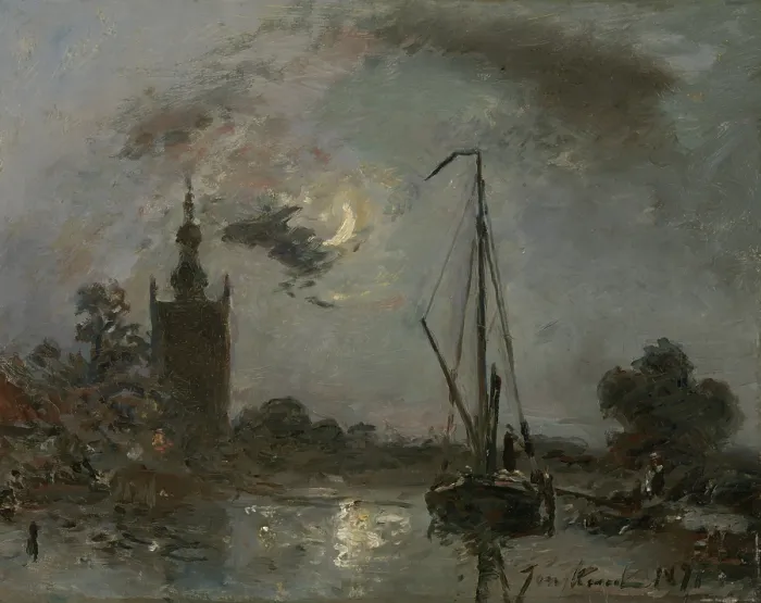 Framed Print : Overschie in the Moonlight, by Johan Barthold Jongkind, 1871, Dutch painting, oil on canvas. Near Rotterdam, a sailboat is moored near a church tower. (BSLOC_2016_1_225)
