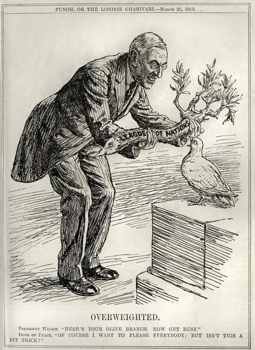Framed Print : OVERWEIGHTED, 1919 political cartoon of Woodrow Wilson handing small dove in a huge olive branch labeled League of Nations