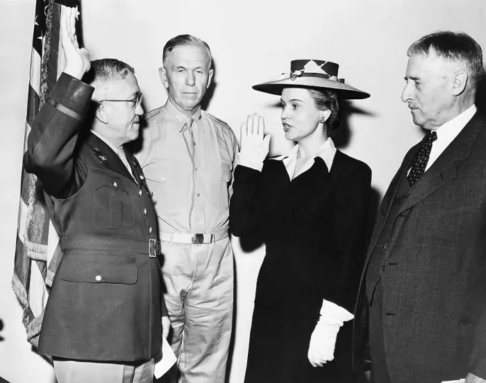 Framed Print : Oveta Culp Hobby, Director of Women's Auxiliary Army Auxiliary Corps, takes oath. May 16, 1942. L-R: Maj. Gen. Myron C. Kramer; Army Chief of Staff George Marshall; Dir Framed Print : Oveta Culp Hobby, Director of Women's Auxiliary Army Auxiliary Corps, takes oath. May 16, 1942. L-R: Maj. Gen. Myron C. Kramer; Army Chief of Staff George Marshall; Dir