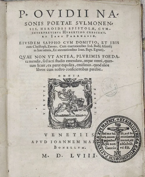 Framed Print : OVID, Publius Ovidius Naso (43 BC-18). Cover of an edition of his works made in Venice in 1558. SPAIN. Madrid. National Library. AISA / Everett Collection**US SALES ONLY**