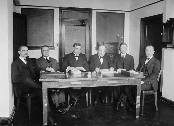 Framed Print : Owen J. Roberts and Atlee Pomerene with staff members, after their appointment as special prosecutors of the Teapot Dome scandals
