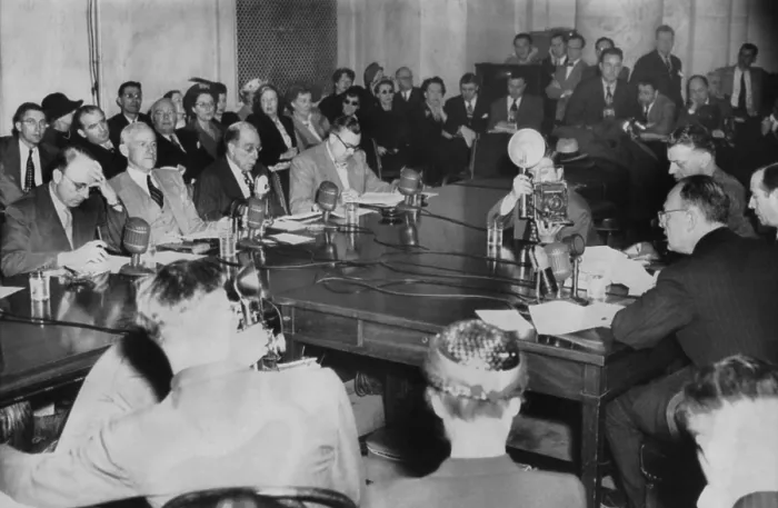 Framed Print : Owen Lattimore (far right) testified to Senate Tydings Committee on April 6, 1950