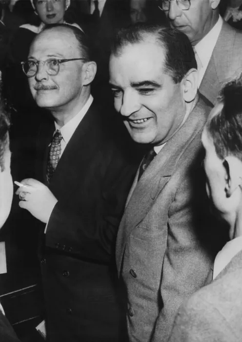Framed Print : Owen Lattimore (left) and Sen. Joseph McCarthy, pass each other during break in Senate hearing. April 20, 1950 Framed Print : Owen Lattimore (left) and Sen. Joseph McCarthy, pass each other during break in Senate hearing. April 20, 1950