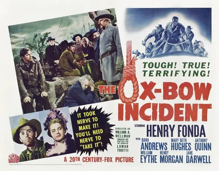 Framed Print : THE OX-BOW INCIDENT, top l-r: Dana Andrews, Rondo Hatton, Anthony Quinn, Jane Darwell, Francis Ford, Frank Conroy, bottom l-r: Henry Fonda, Mary Beth Hughes on poster art, 1943