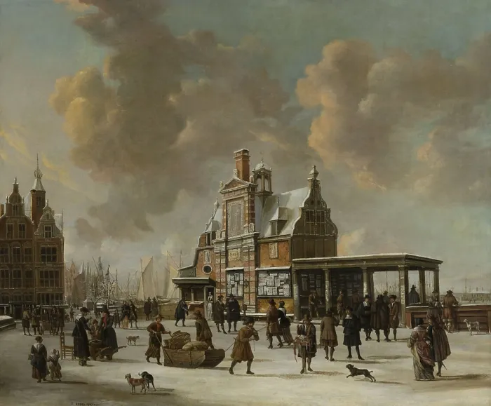 Framed Print : The Paalhuis and Nieuwe Brug, Amsterdam, in Winter, by Jan Beerstraten, 1640-66, Dutch oil painting