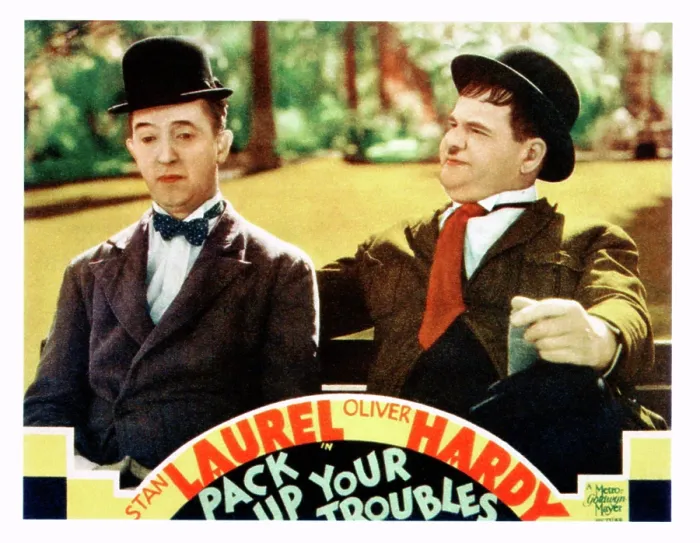 Framed Print : PACK UP YOUR TROUBLES, from left: Stan Laurel, Oliver Hardy on lobbycard, 1932