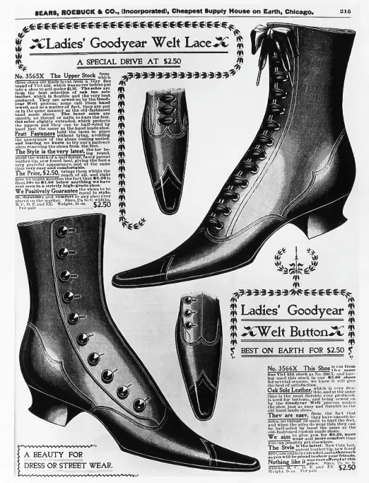 Framed Print : A page from an 1897 Sears Roebuck catalog offering Ladies Goodyear Welt Lace and Button boots, each costing $2.50 a pair. Photo: Courtesy: CSU Archives / Everett Collection