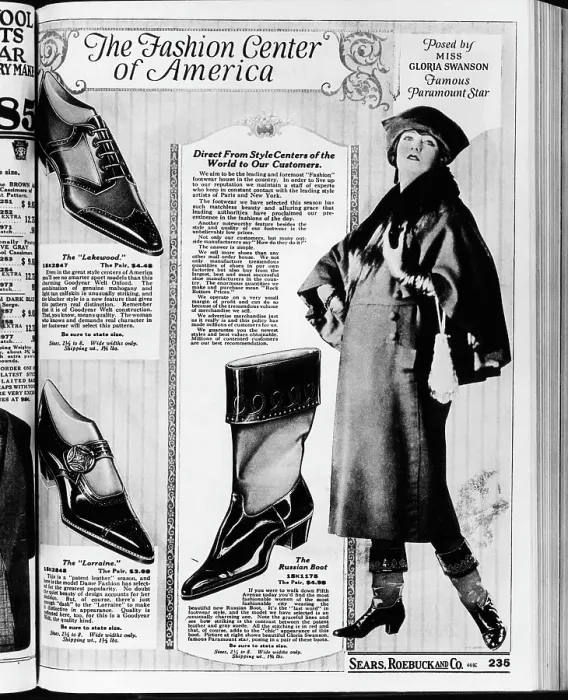 Framed Print : A page from a 1922 Sears Roebuck catalog offering The Russian Boot costing $4.98 a pair, and Posed by Miss Gloria Swanson